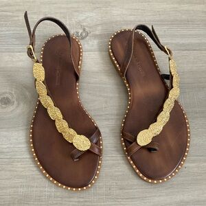 Leather flat sandals Greek style w gold coin ornament 37